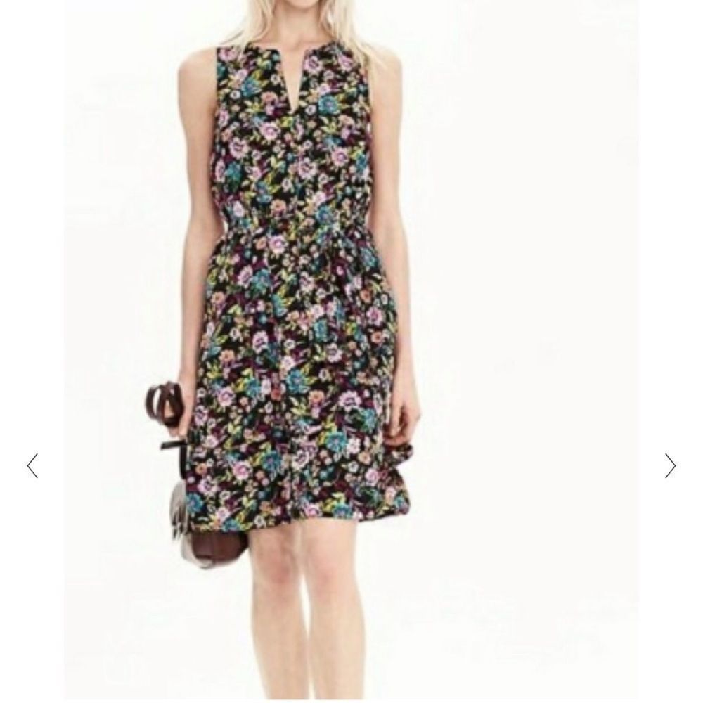 Banana Republic Dress Large Black Floral Sleeveless Layered Split Neck …
